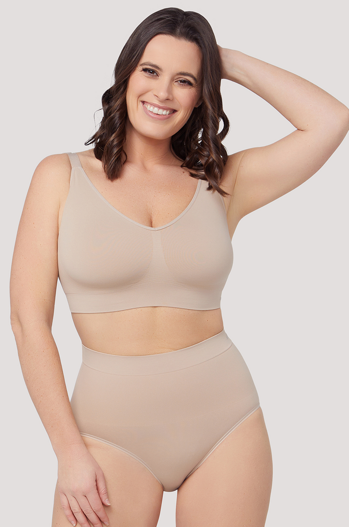 Wirefree Crop Bra and Matching Shapewear Underwear Set | 2 pack  | Bella Bodies Australia | Sand