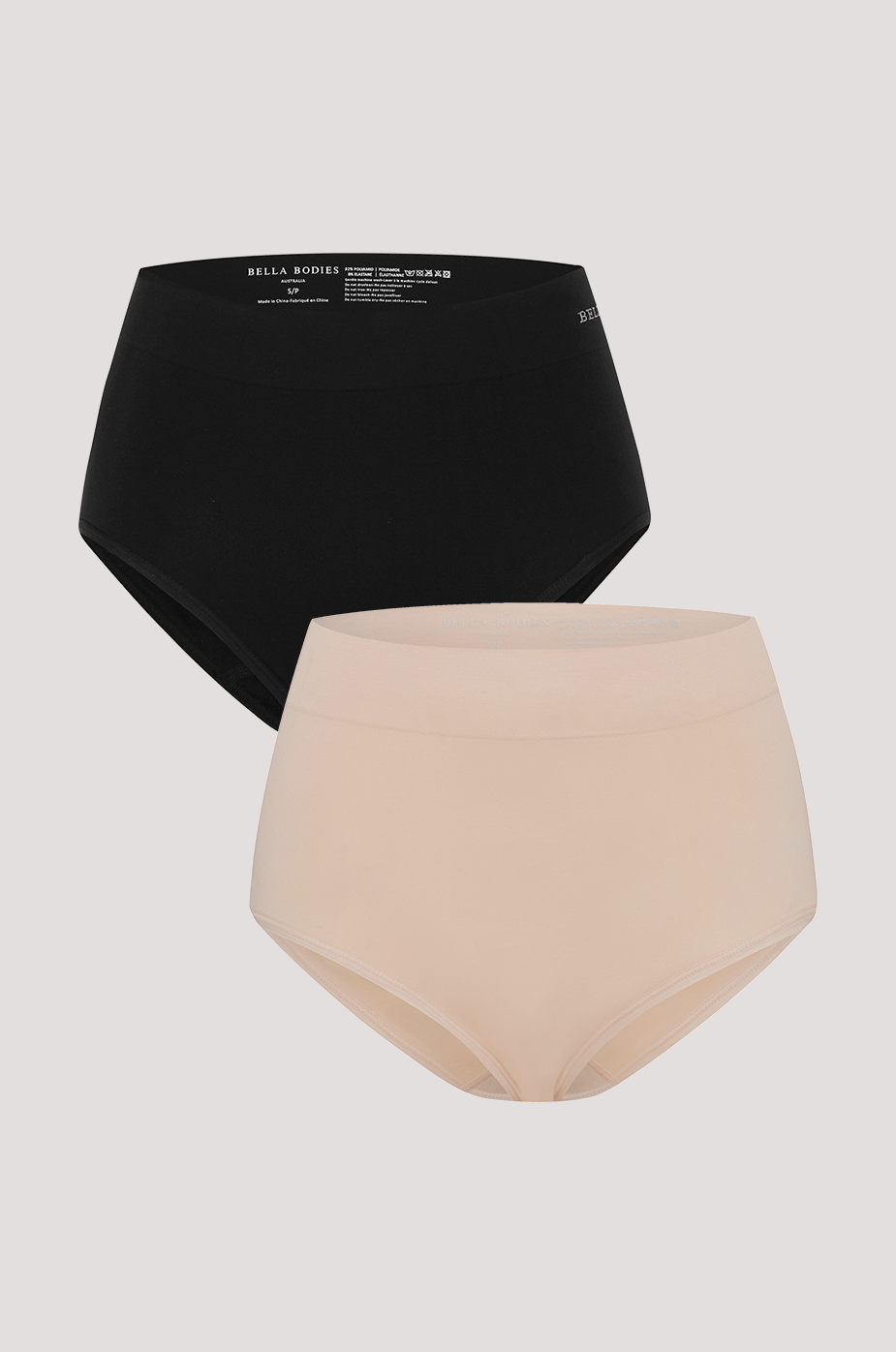 Women's High Waist, Full Coverage Underwear | 2 Pack | Bella Bodies Australia | Black, Sand | Front