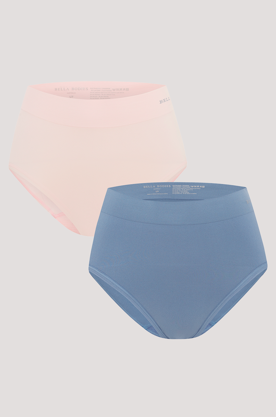 Women's High Waist, Full Coverage Underwear | 2 Pack | Bella Bodies Australia | Pink Champagne, Blue Slate | Front