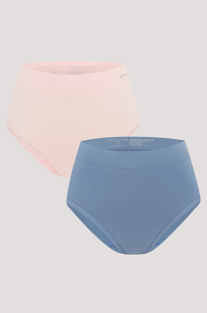 Women's High Waist, Full Coverage Underwear | 2 Pack | Bella Bodies Australia | Pink Champagne, Blue Slate | Front