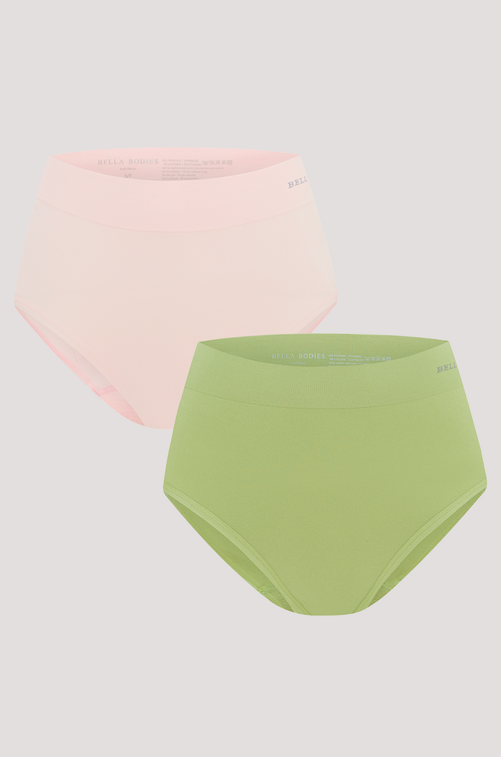 Women's High Waist, Full Coverage Underwear | 2 Pack | Bella Bodies Australia | Pink Champagne, Pear | Front