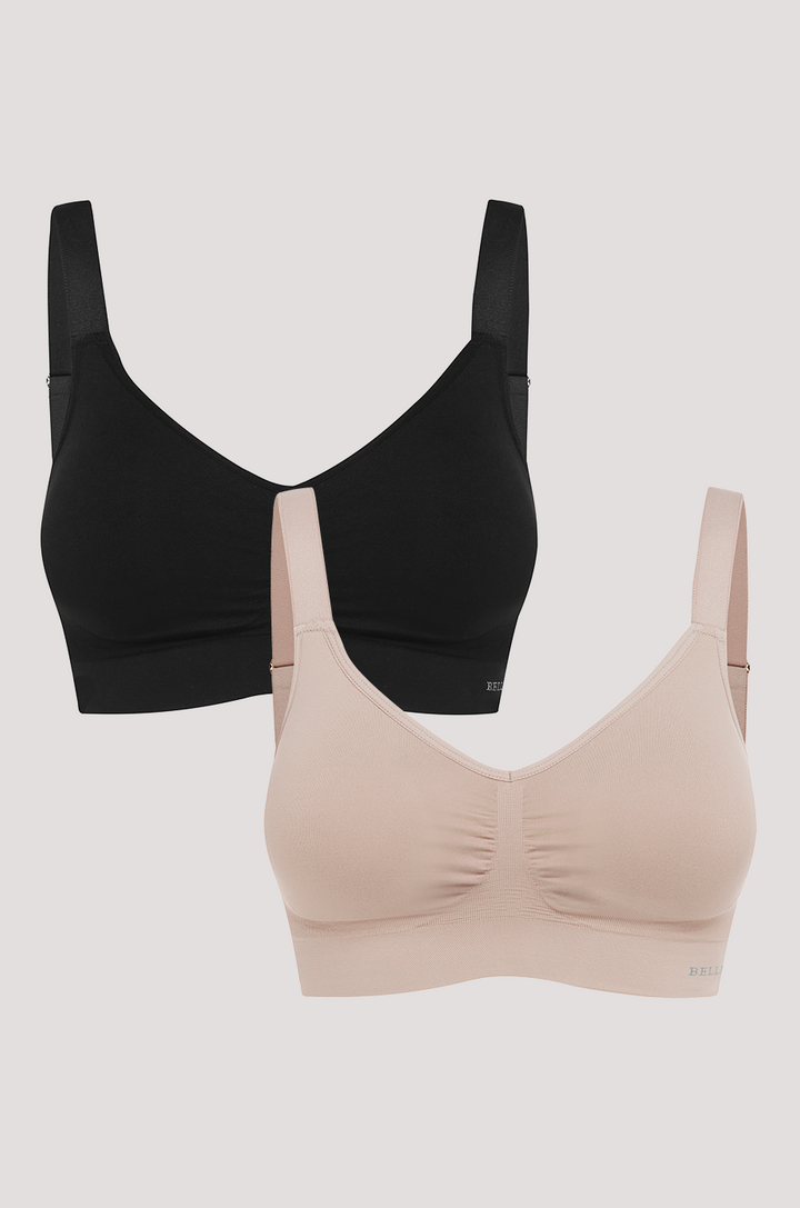 Women's Wireless Stretch Bra 2 pack | Bella Bodies Australia | Black, Sand | Front 