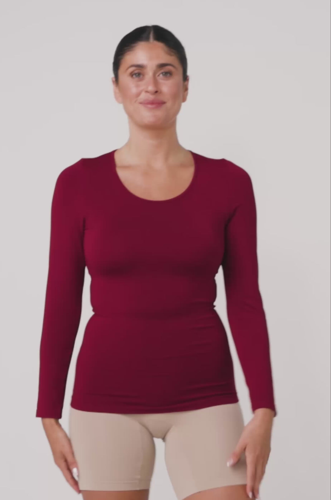 Pure Comfort Modal Long Sleeve Fitted Top T-shirt Burgundy Cherry Berry Scoop Neck